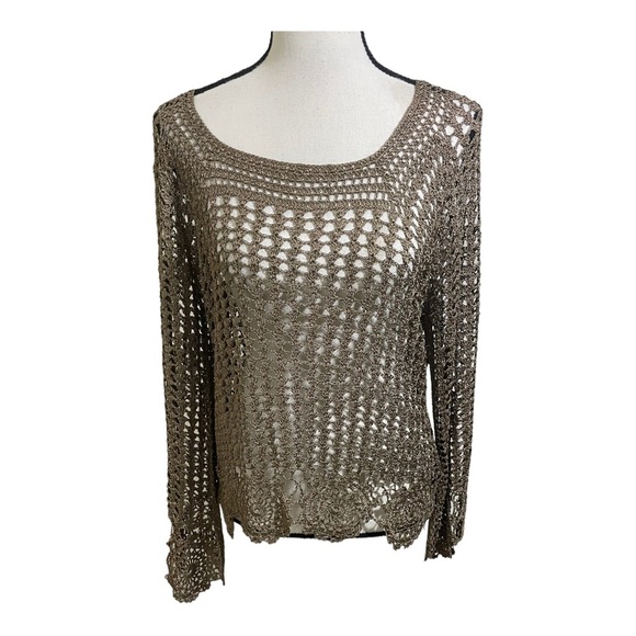 BCBGMaxAzria Tops - BCBG max Azaria crochet pullover bronze sparkle knit sweater. Size X-Large